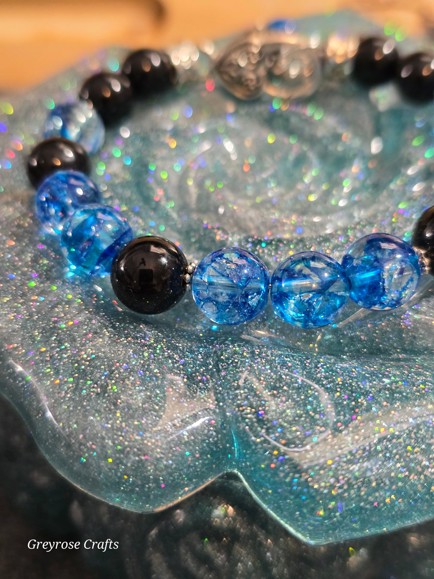 Blue Asai and Obsidian with Prism Rainbows Bangle Bracelet with Heart Clasp and Beaded Extension Fits up to 7.5" Wrist