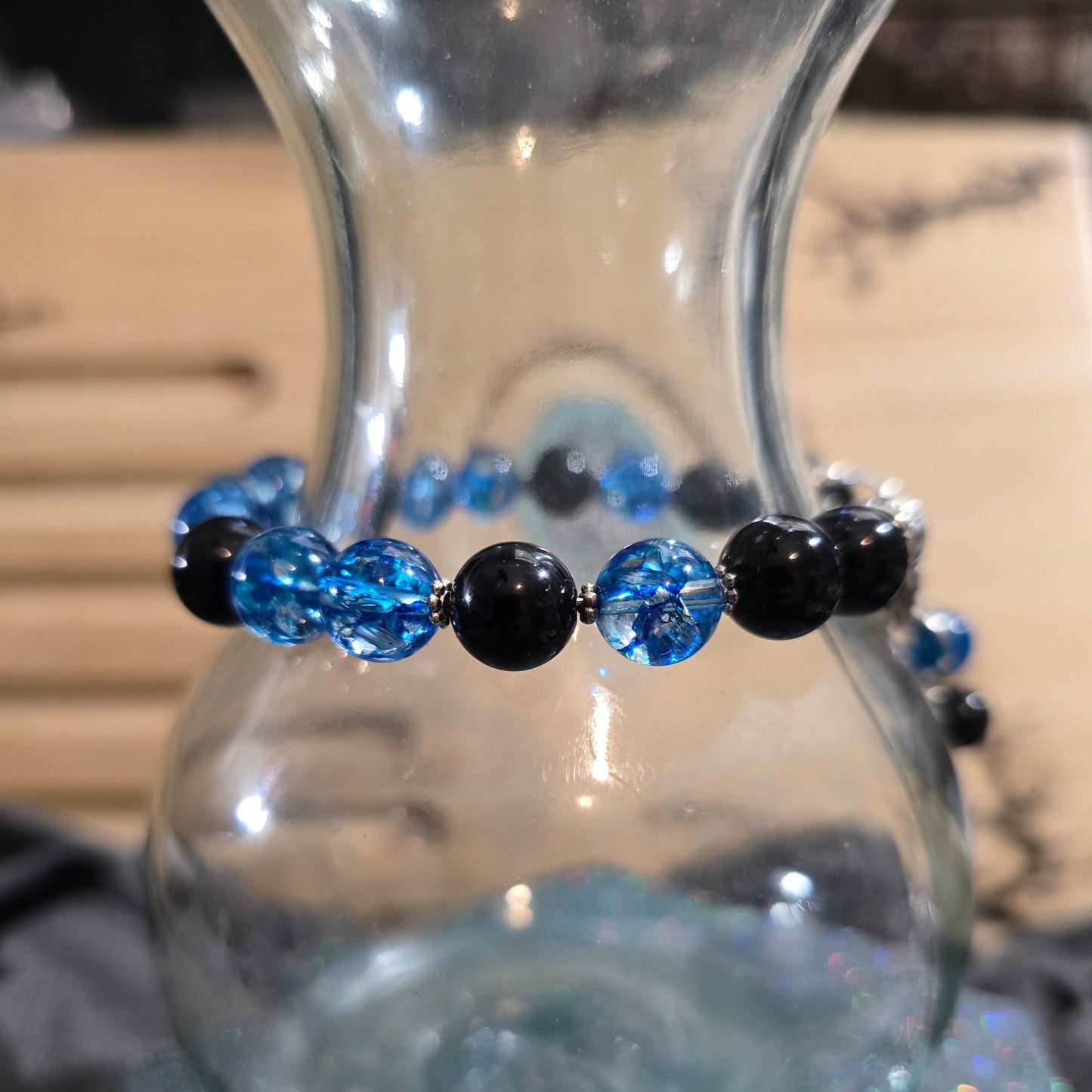 Blue Asai and Obsidian with Prism Rainbows Bangle Bracelet with Heart Clasp and Beaded Extension Fits up to 7.5" Wrist