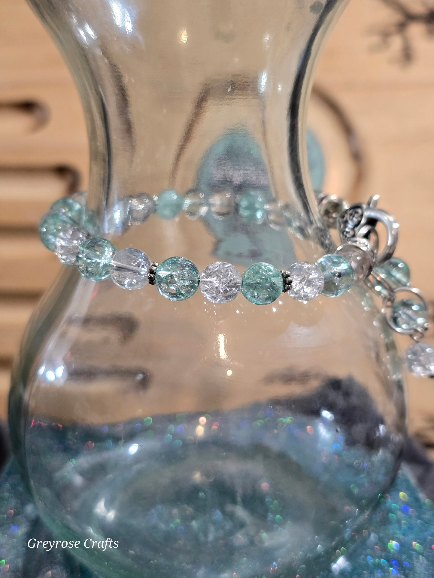 Green Dyed and Clear Crackle Quartz Bangle Bracelet with Beaded Extention and Heart Clasp