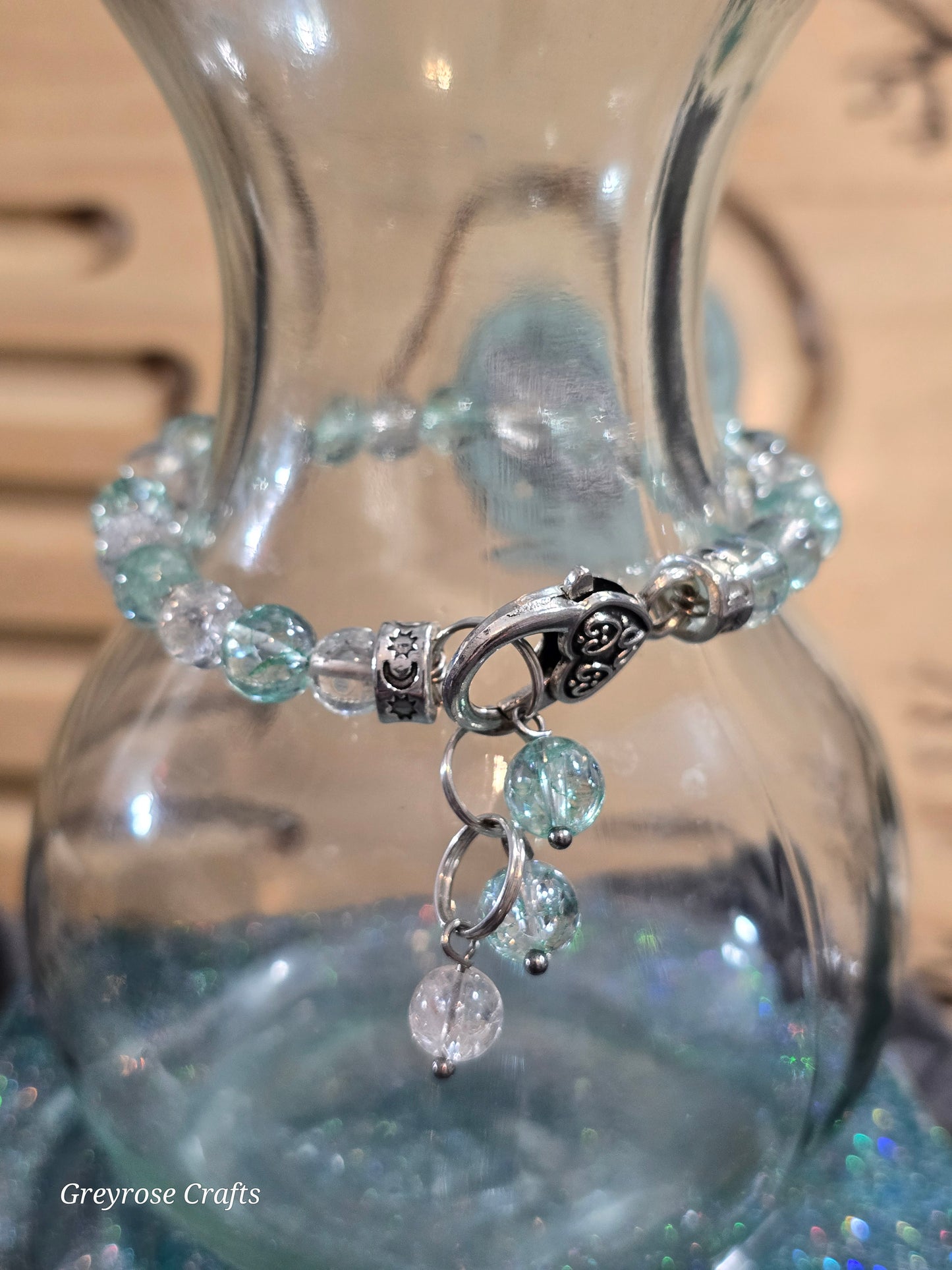 Green Dyed and Clear Crackle Quartz Bangle Bracelet with Beaded Extention and Heart Clasp