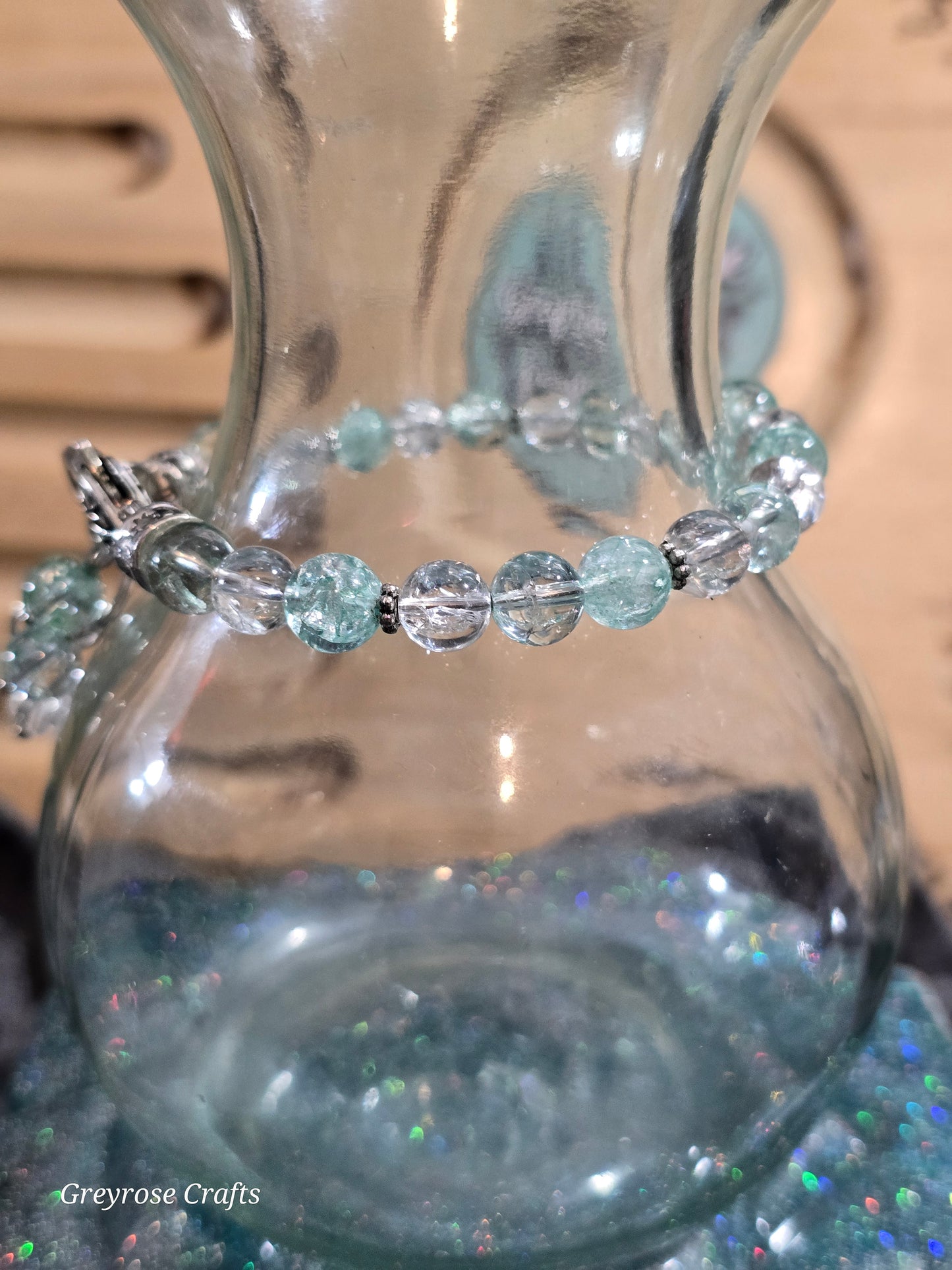 Green Dyed and Clear Crackle Quartz Bangle Bracelet with Beaded Extention and Heart Clasp