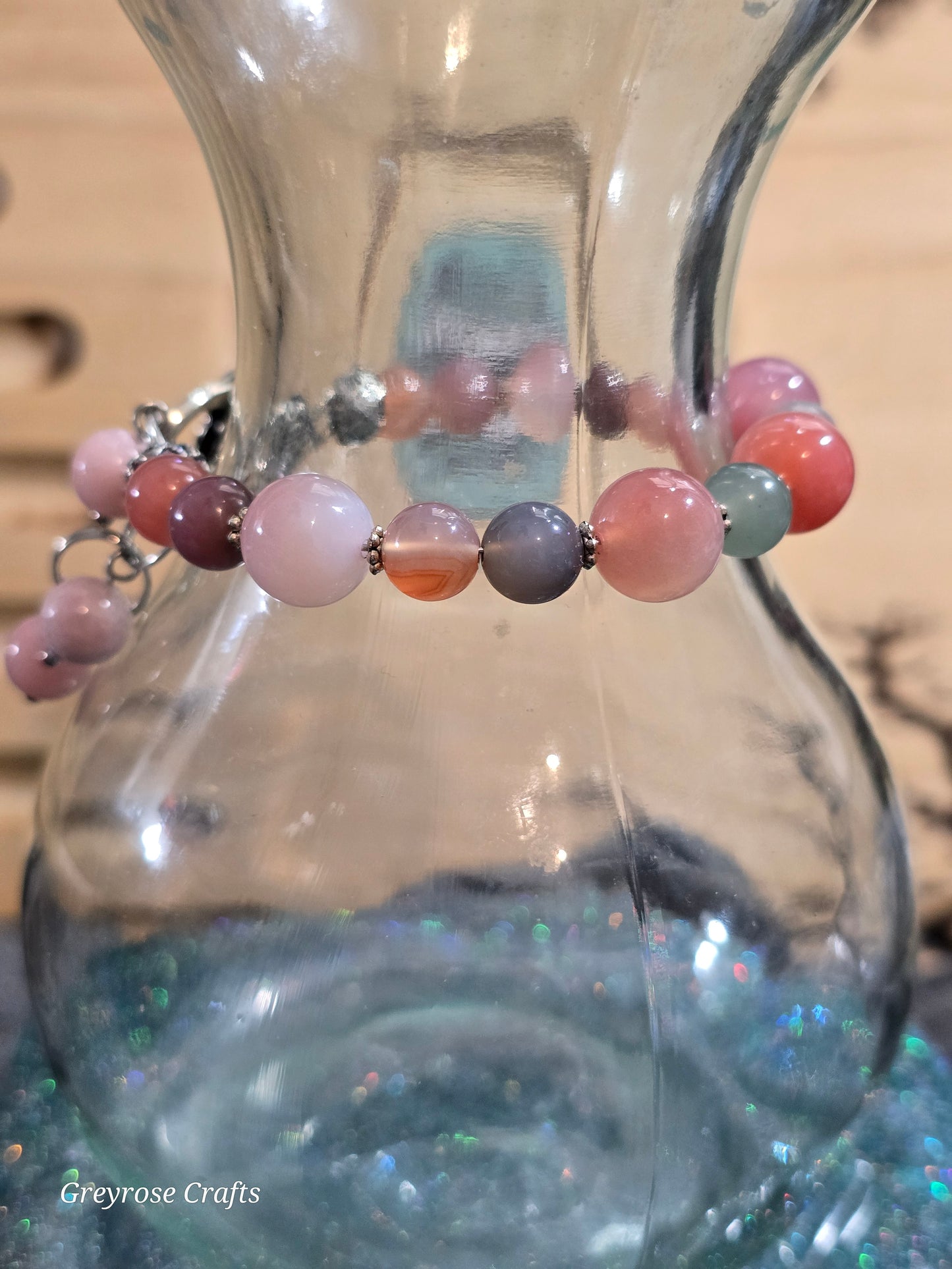 Yuan Yuan Agate Bracelet with Heart Clasp and Pink Opal Beaded Extension