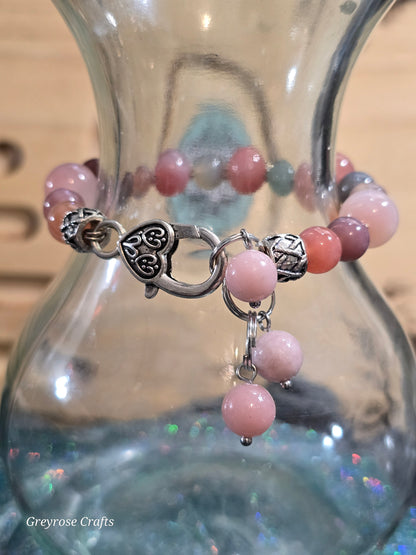 Yuan Yuan Agate Bracelet with Heart Clasp and Pink Opal Beaded Extension