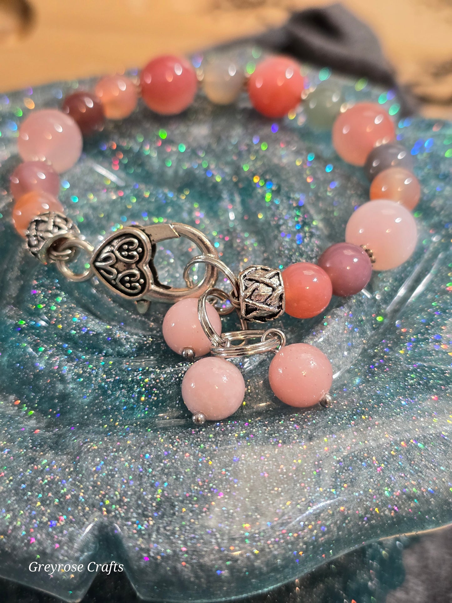 Yuan Yuan Agate Bracelet with Heart Clasp and Pink Opal Beaded Extension