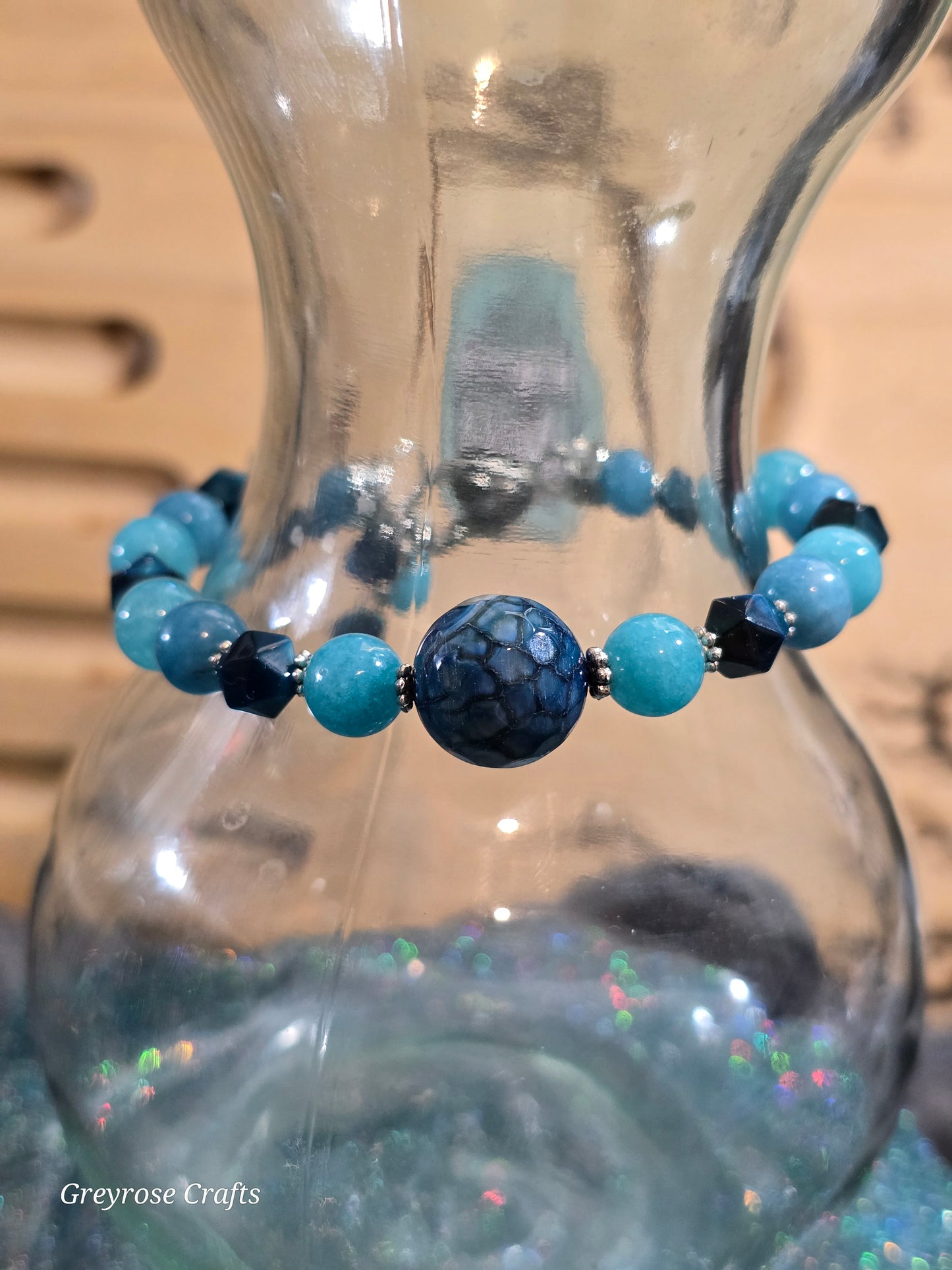 Blue Dyed Agate, Chalcedony and Tiger Eye Bracelet with Heart Clasp and Beaded Extension