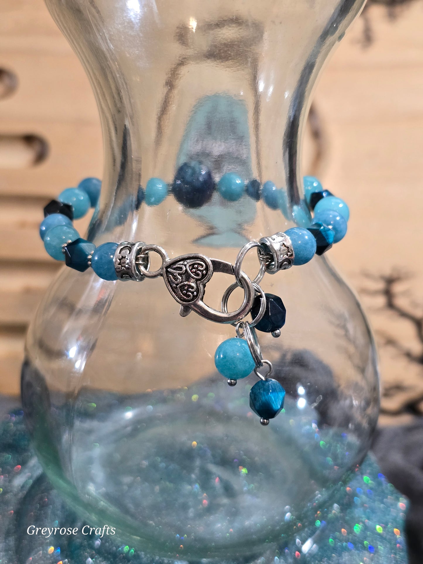 Blue Dyed Agate, Chalcedony and Tiger Eye Bracelet with Heart Clasp and Beaded Extension