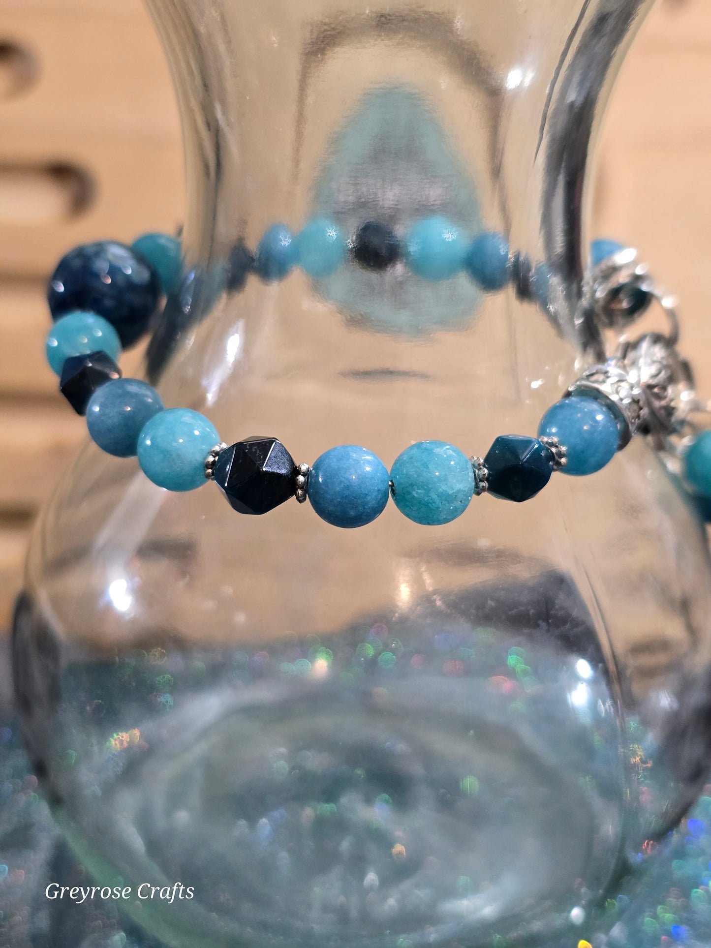 Blue Dyed Agate, Chalcedony and Tiger Eye Bracelet with Heart Clasp and Beaded Extension