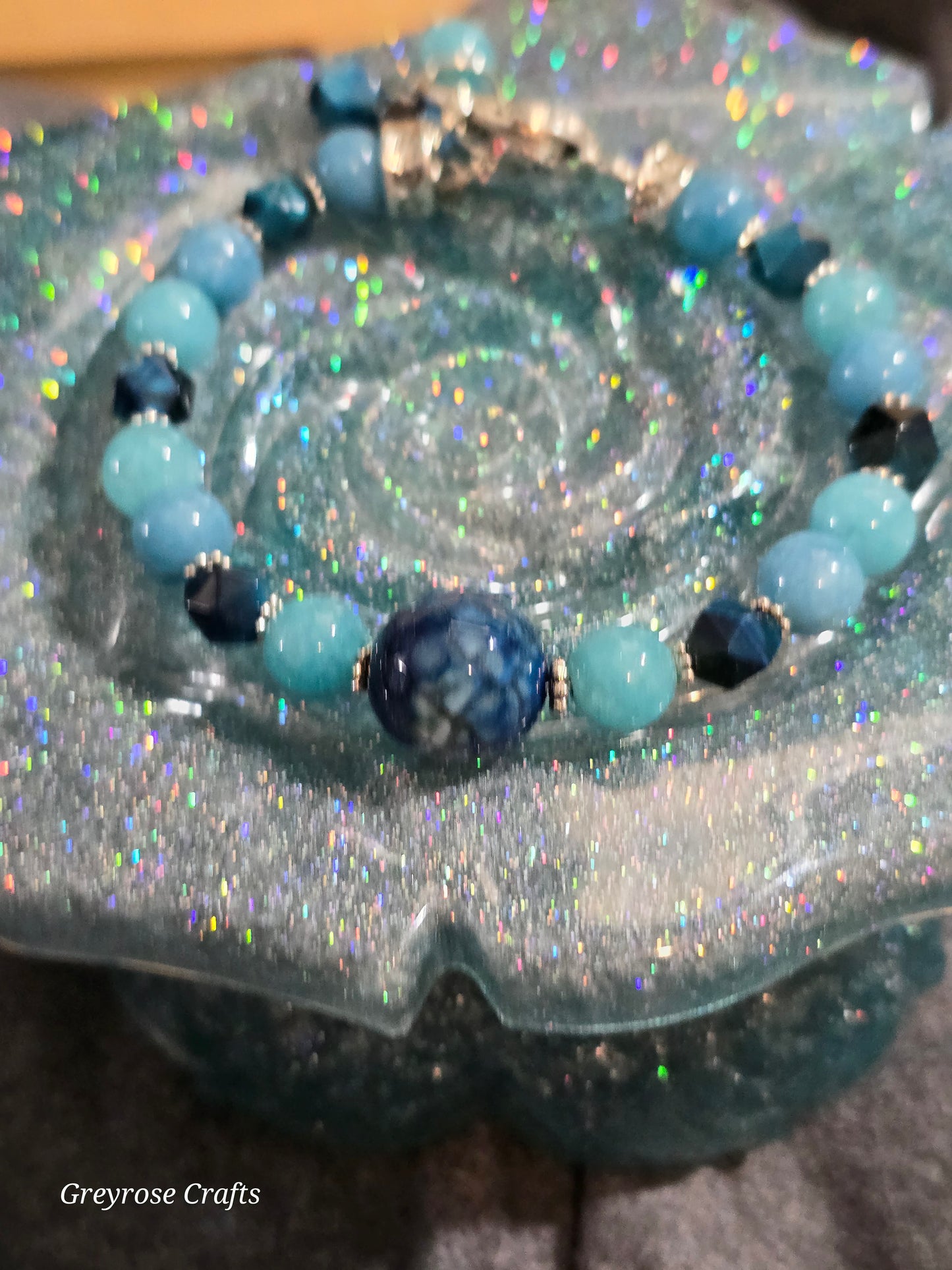 Blue Dyed Agate, Chalcedony and Tiger Eye Bracelet with Heart Clasp and Beaded Extension