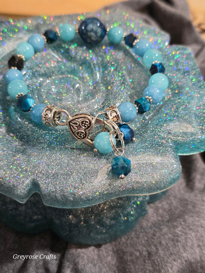 Blue Dyed Agate, Chalcedony and Tiger Eye Bracelet with Heart Clasp and Beaded Extension