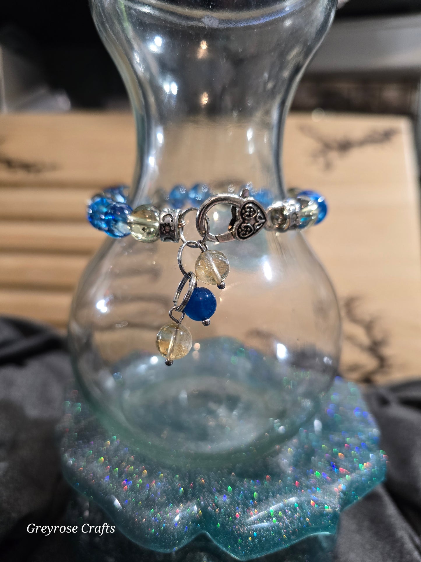 Blue Asai and Crackle Citrine with Prism Rainbows Bangle Bracelet with Heart Clasp and Beaded Extension Fits up to 7" Wrist