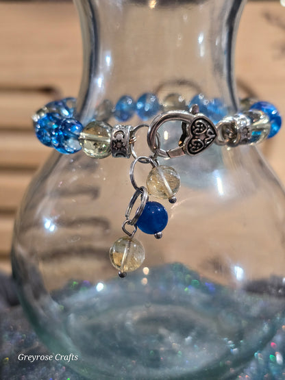 Blue Asai and Crackle Citrine with Prism Rainbows Bangle Bracelet with Heart Clasp and Beaded Extension Fits up to 7" Wrist