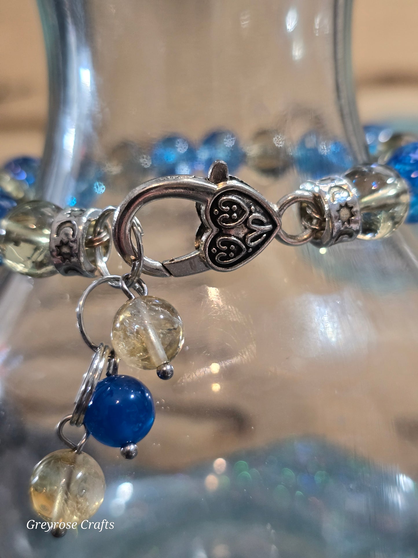 Blue Asai and Crackle Citrine with Prism Rainbows Bangle Bracelet with Heart Clasp and Beaded Extension Fits up to 7" Wrist