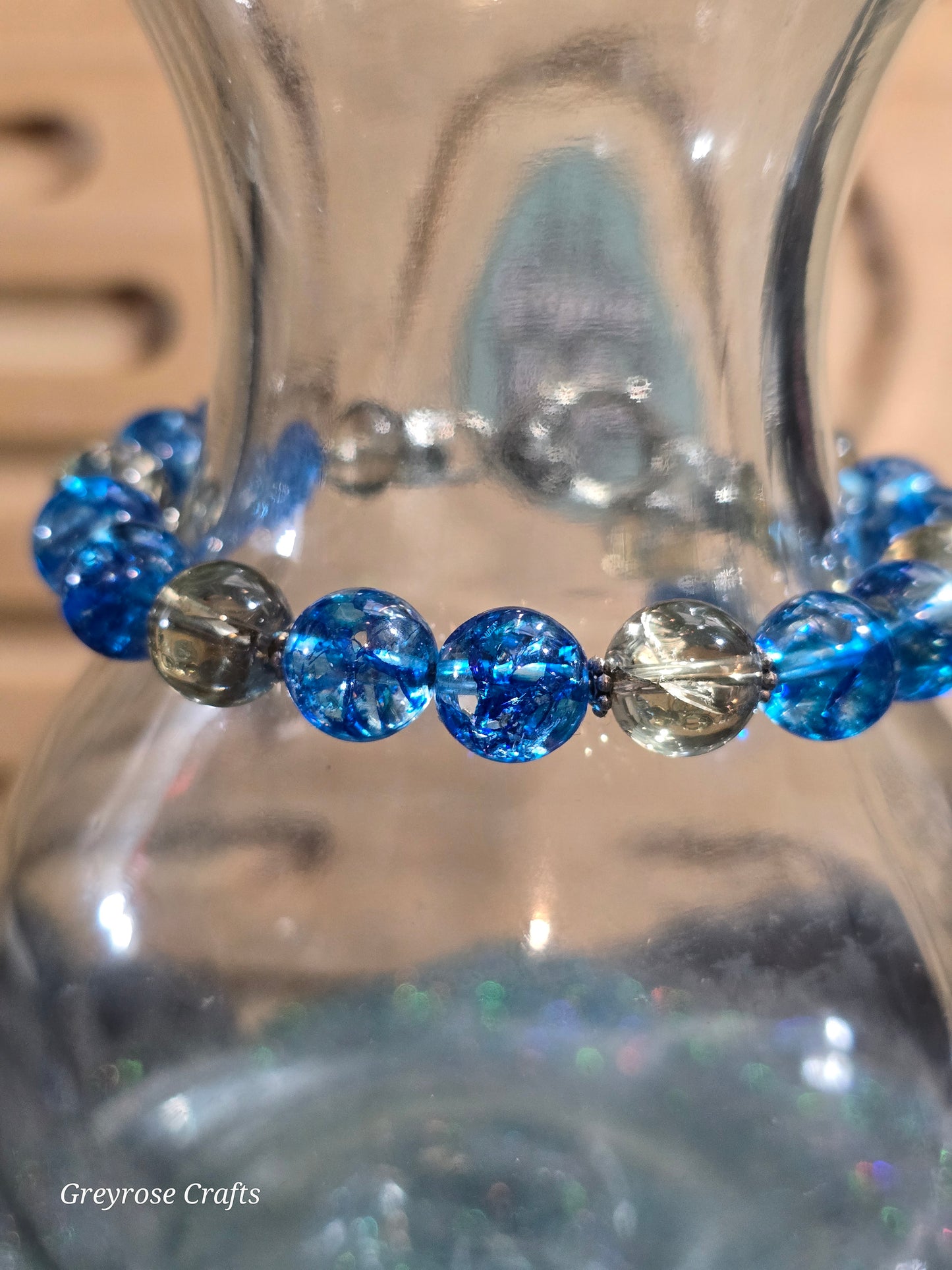 Blue Asai and Crackle Citrine with Prism Rainbows Bangle Bracelet with Heart Clasp and Beaded Extension Fits up to 7" Wrist