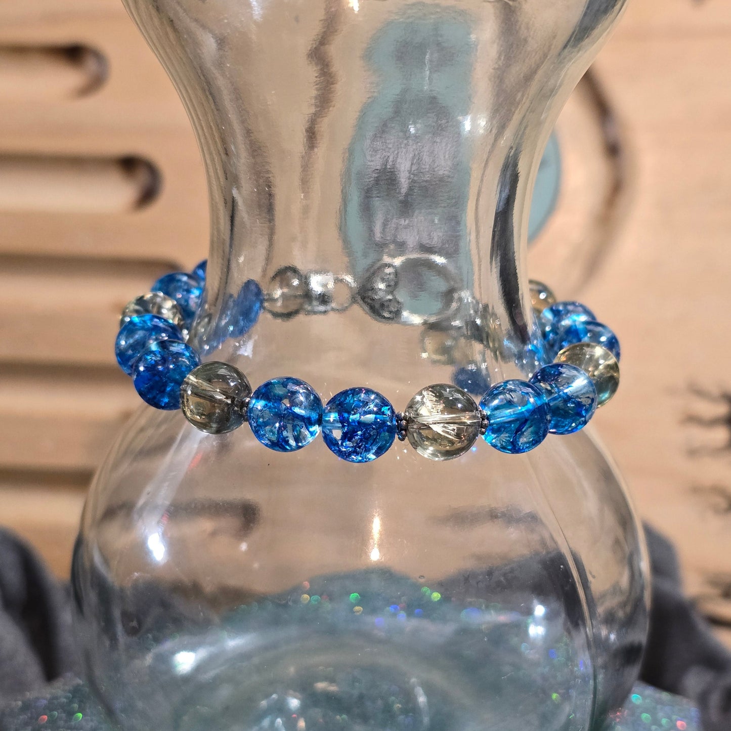 Blue Asai and Crackle Citrine with Prism Rainbows Bangle Bracelet with Heart Clasp and Beaded Extension Fits up to 7" Wrist