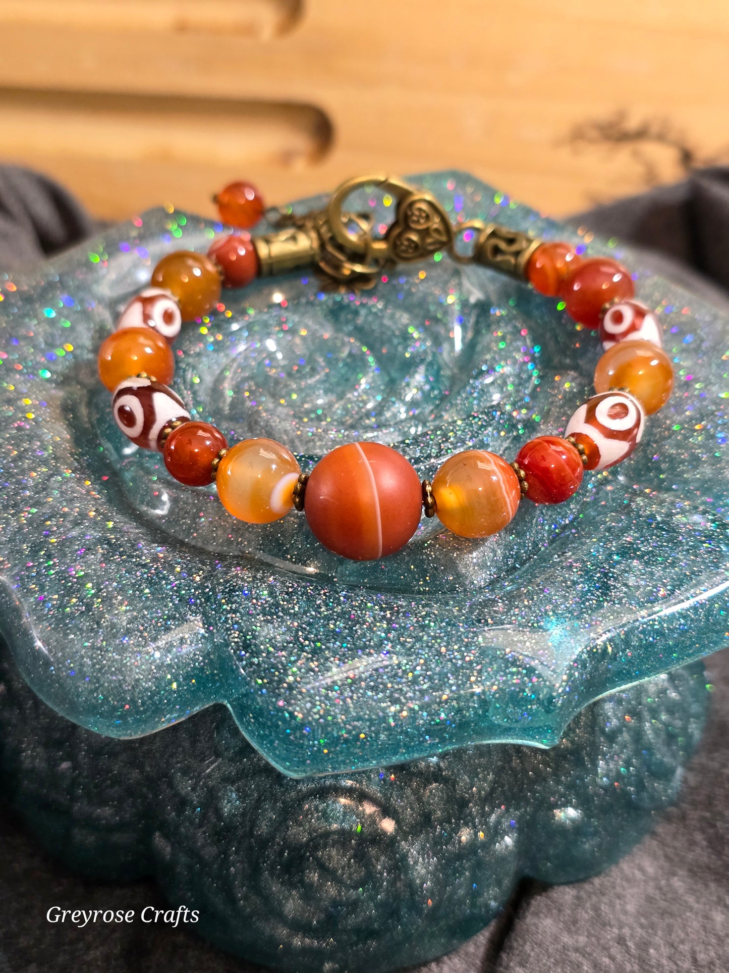 Carnelian Crystal Bangle Bracelet featuring painted beads with Heart Clasp and Beaded Extension