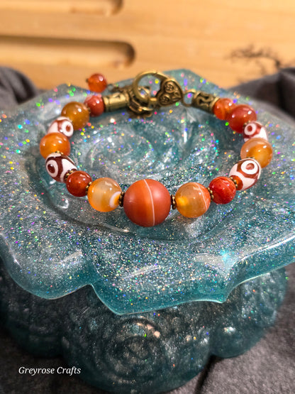 Carnelian Crystal Bangle Bracelet featuring painted beads with Heart Clasp and Beaded Extension