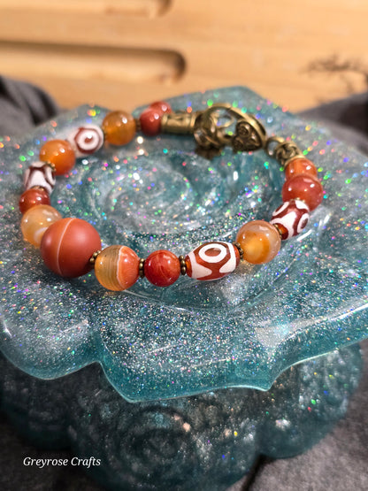 Carnelian Crystal Bangle Bracelet featuring painted beads with Heart Clasp and Beaded Extension