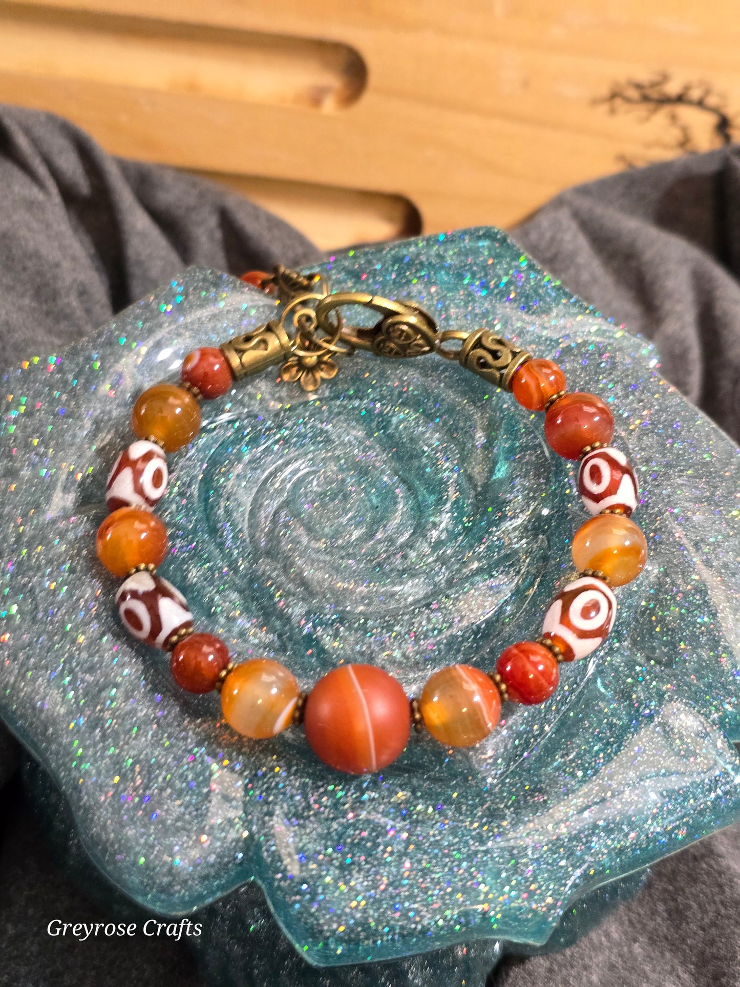 Carnelian Crystal Bangle Bracelet featuring painted beads with Heart Clasp and Beaded Extension