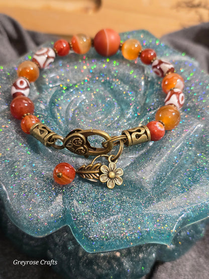 Carnelian Crystal Bangle Bracelet featuring painted beads with Heart Clasp and Beaded Extension