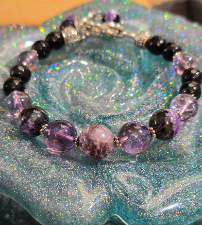 Charoite, Crackle Amethyst and Obsidian Bracelet with Heart Clasp and Beaded Extension