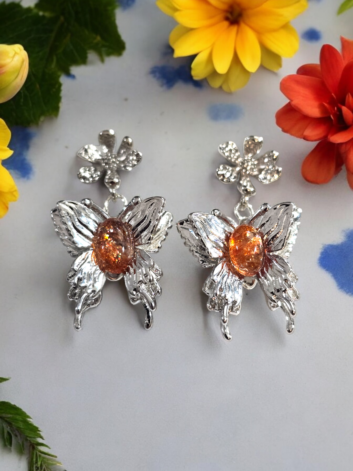 Sunstone Crystal  Butterfly and Flower Stud Earrings with Dangles