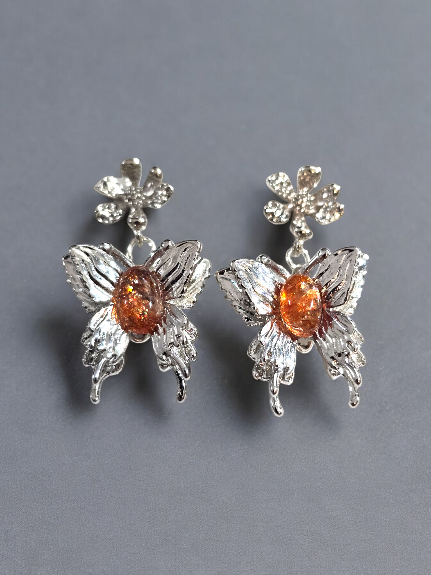 Sunstone Crystal  Butterfly and Flower Stud Earrings with Dangles