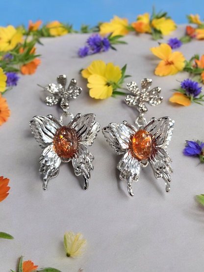 Sunstone Crystal  Butterfly and Flower Stud Earrings with Dangles