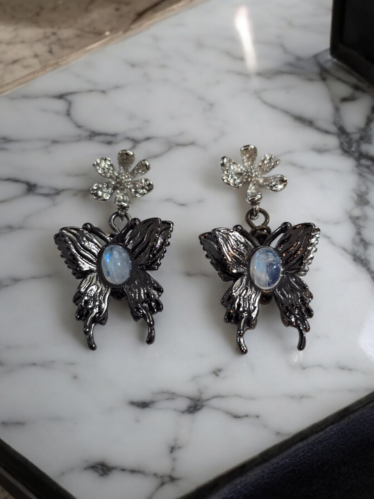 Moonstone Crystal Butterfly Black Alloy Metal Stud Earrings with Dangles