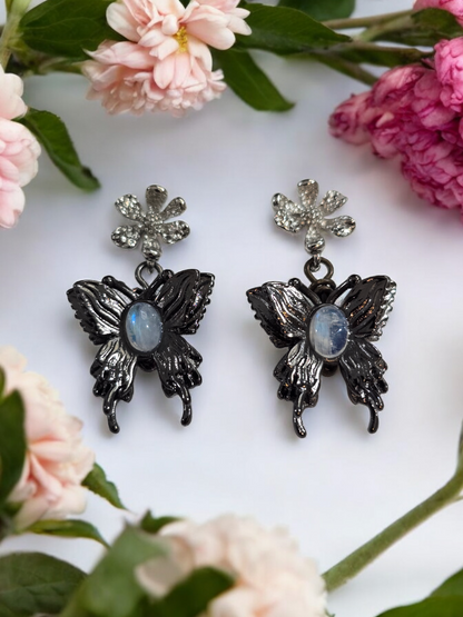 Moonstone Crystal Butterfly Black Alloy Metal Stud Earrings with Dangles