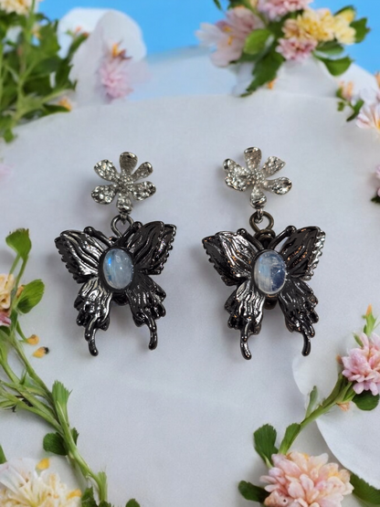 Moonstone Crystal Butterfly Black Alloy Metal Stud Earrings with Dangles