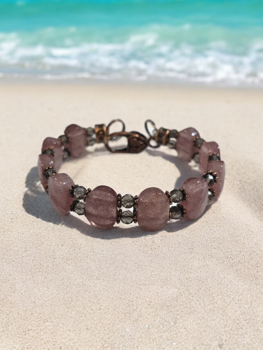 Strawberry quartz and smokey quartz Double Bangle Bracelet with Heart Clasp Fits Wrist Size up to 7.75"