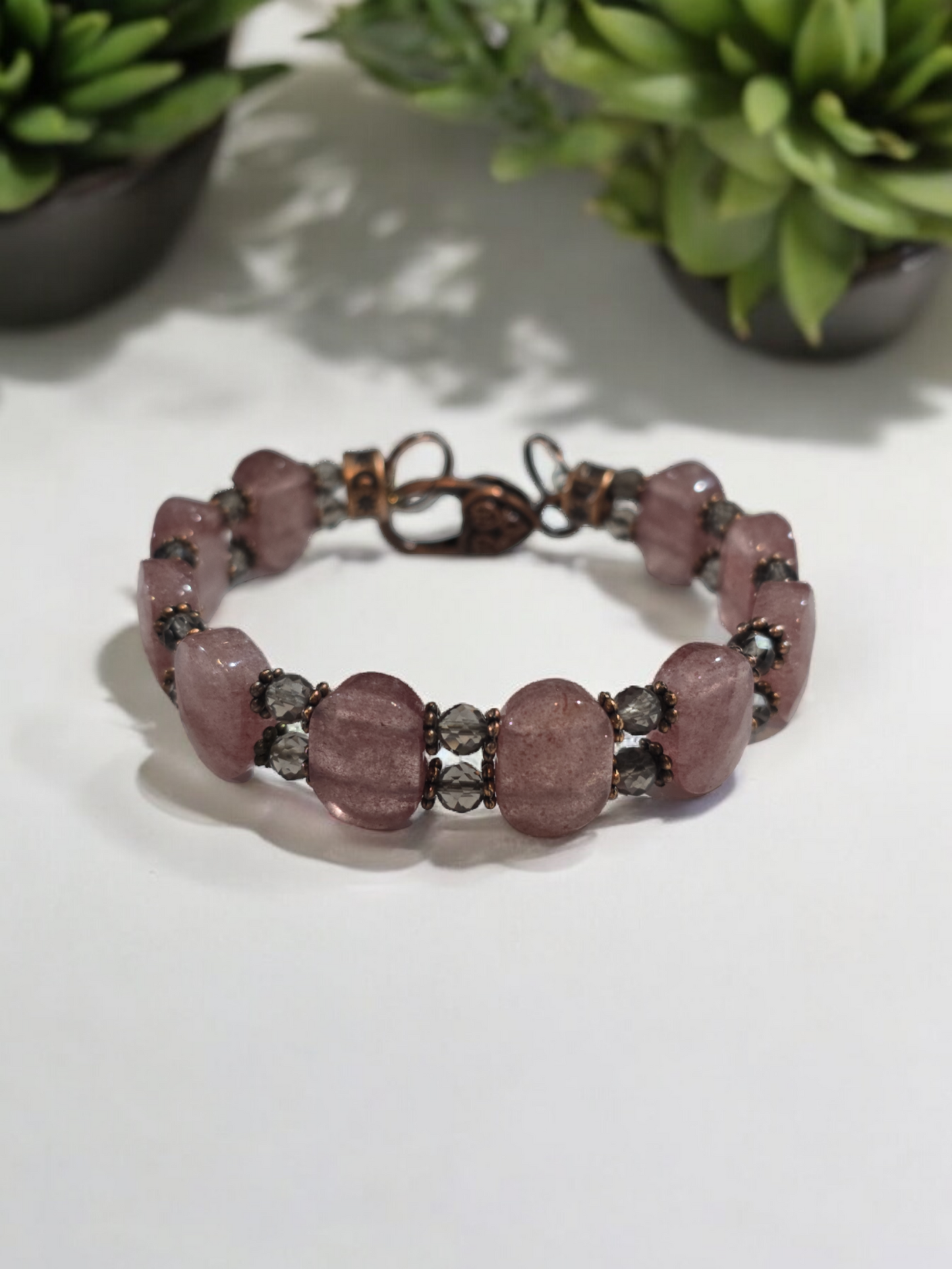 Strawberry quartz and smokey quartz Double Bangle Bracelet with Heart Clasp Fits Wrist Size up to 7.75"