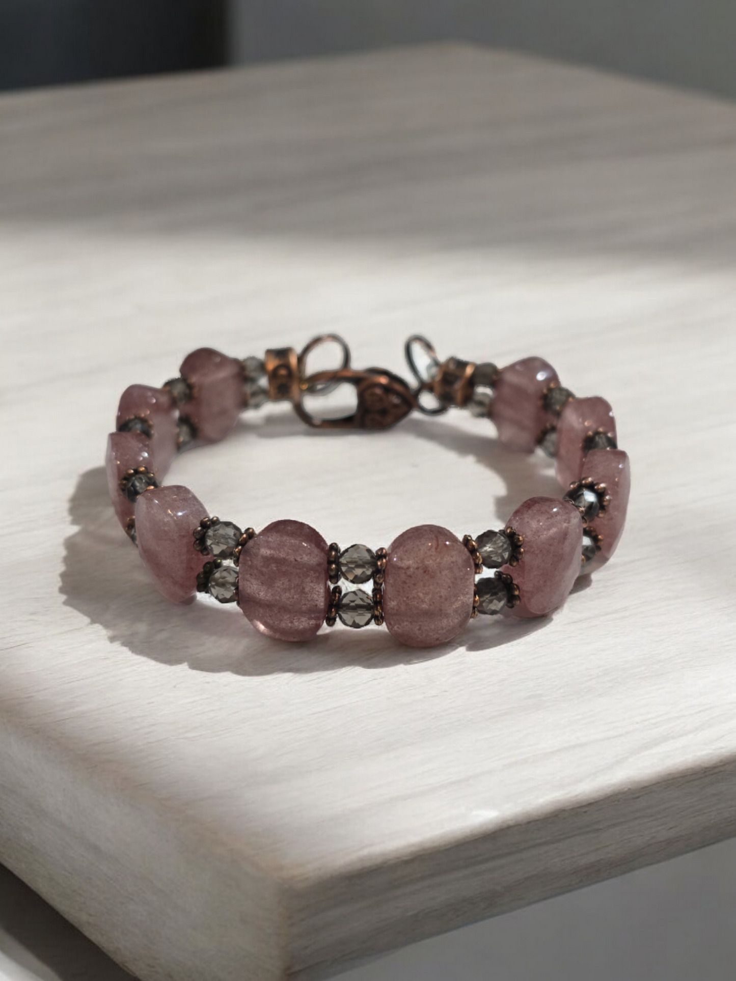 Strawberry quartz and smokey quartz Double Bangle Bracelet with Heart Clasp Fits Wrist Size up to 7.75"