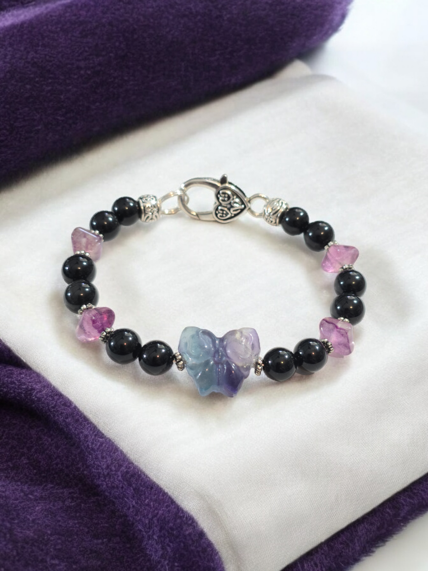 Butterfly Fluorite and Obsidian Bangle Bracelet with Heart Clasp