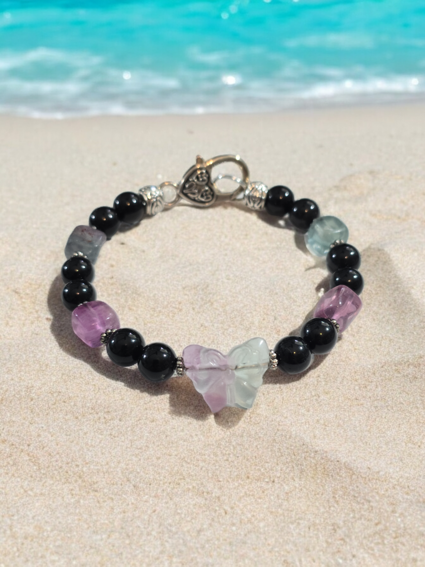 Butterfly Fluorite and Obsidian Bangle Bracelet with Heart Clasp