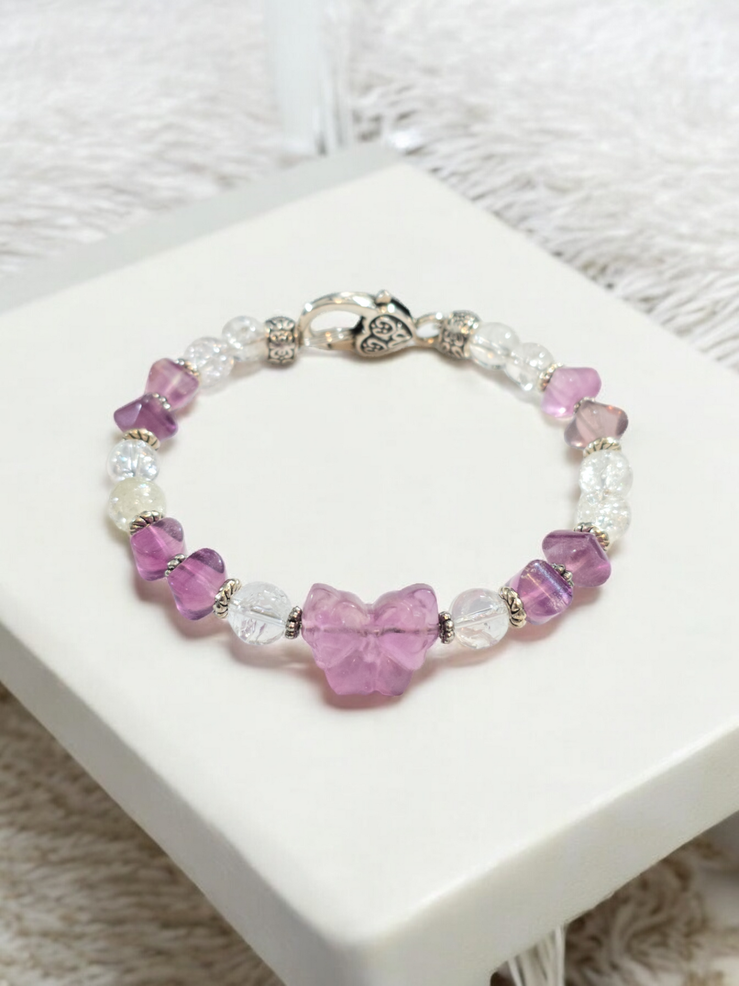 Butterfly Fluorite and Obsidian Bangle Bracelet with Heart Clasp