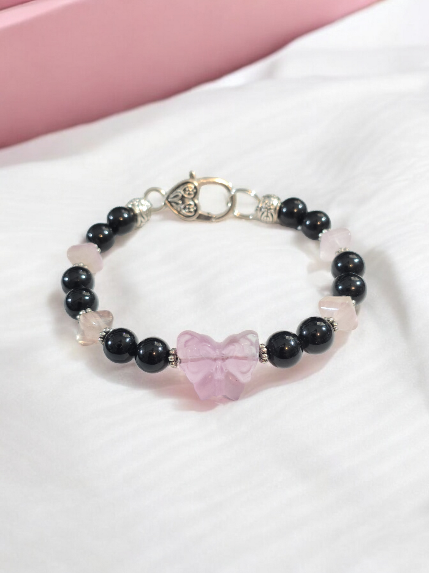 Butterfly Fluorite and Obsidian Bangle Bracelet with Heart Clasp