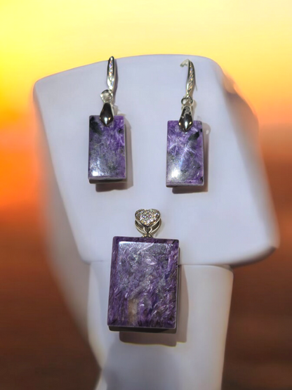 Charoite Drop Earrings and Pendant Set