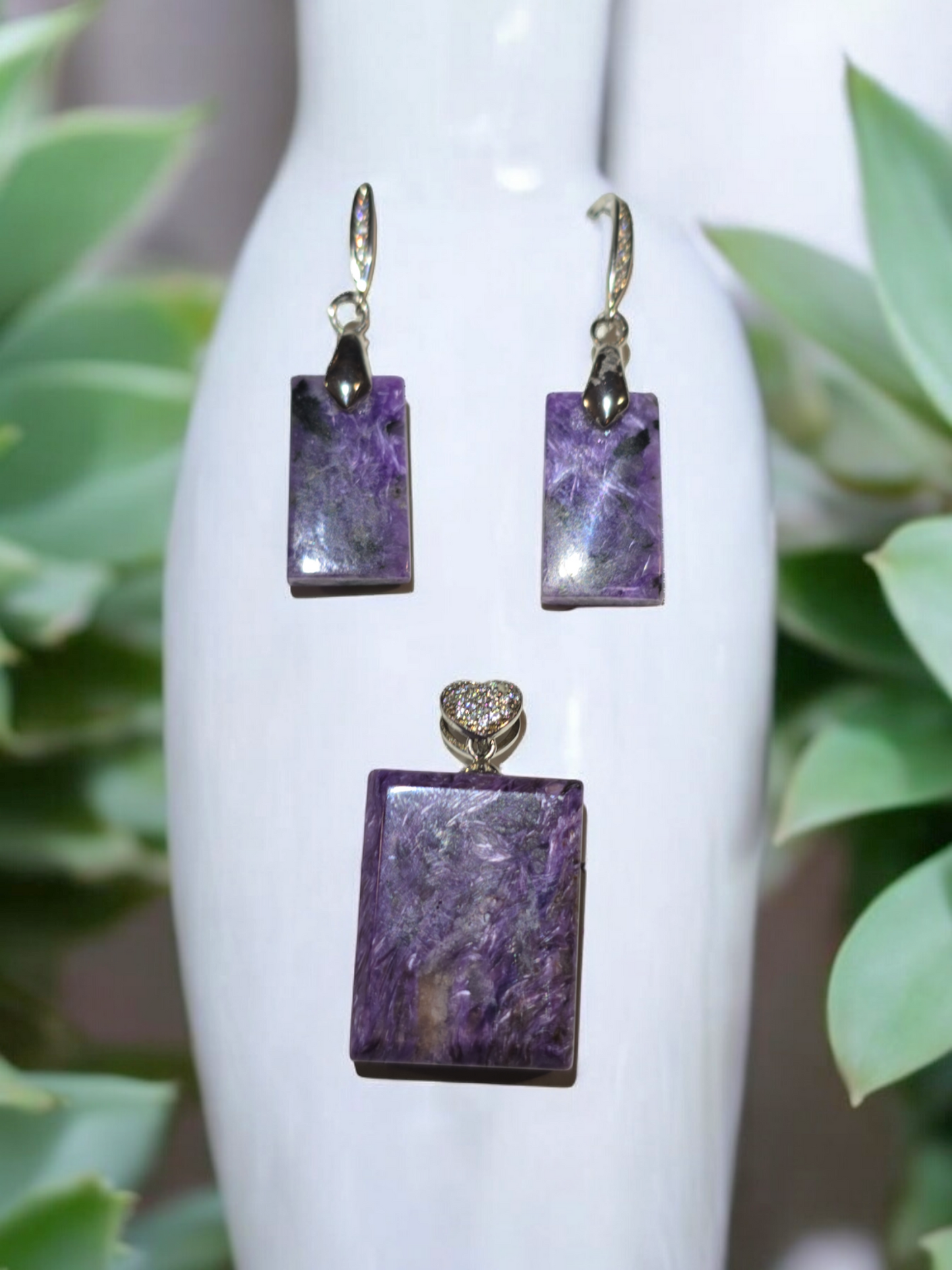 Charoite Drop Earrings and Pendant Set