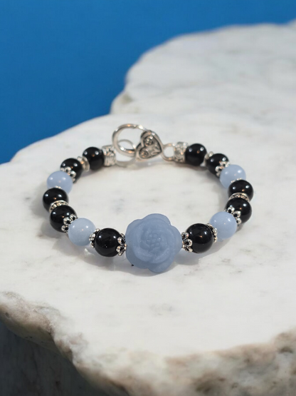 Angelite and Obsidian with Angelite Flower Focal Bamgle Bracelet with Heart Clasp 7.75"