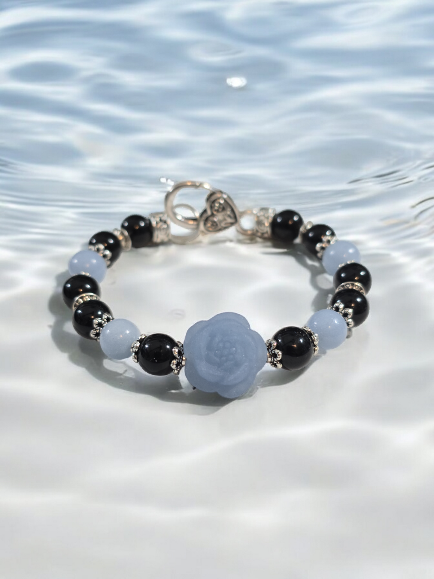 Angelite and Obsidian with Angelite Flower Focal Bamgle Bracelet with Heart Clasp 7.75"