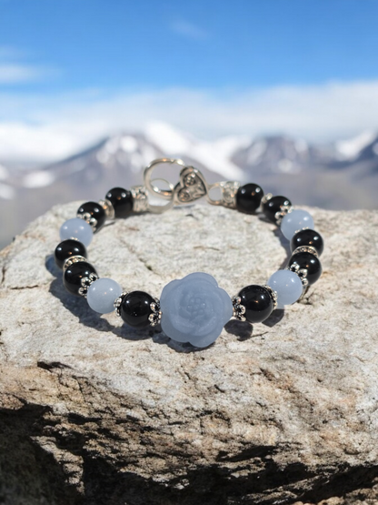 Angelite and Obsidian with Angelite Flower Focal Bamgle Bracelet with Heart Clasp 7.75"