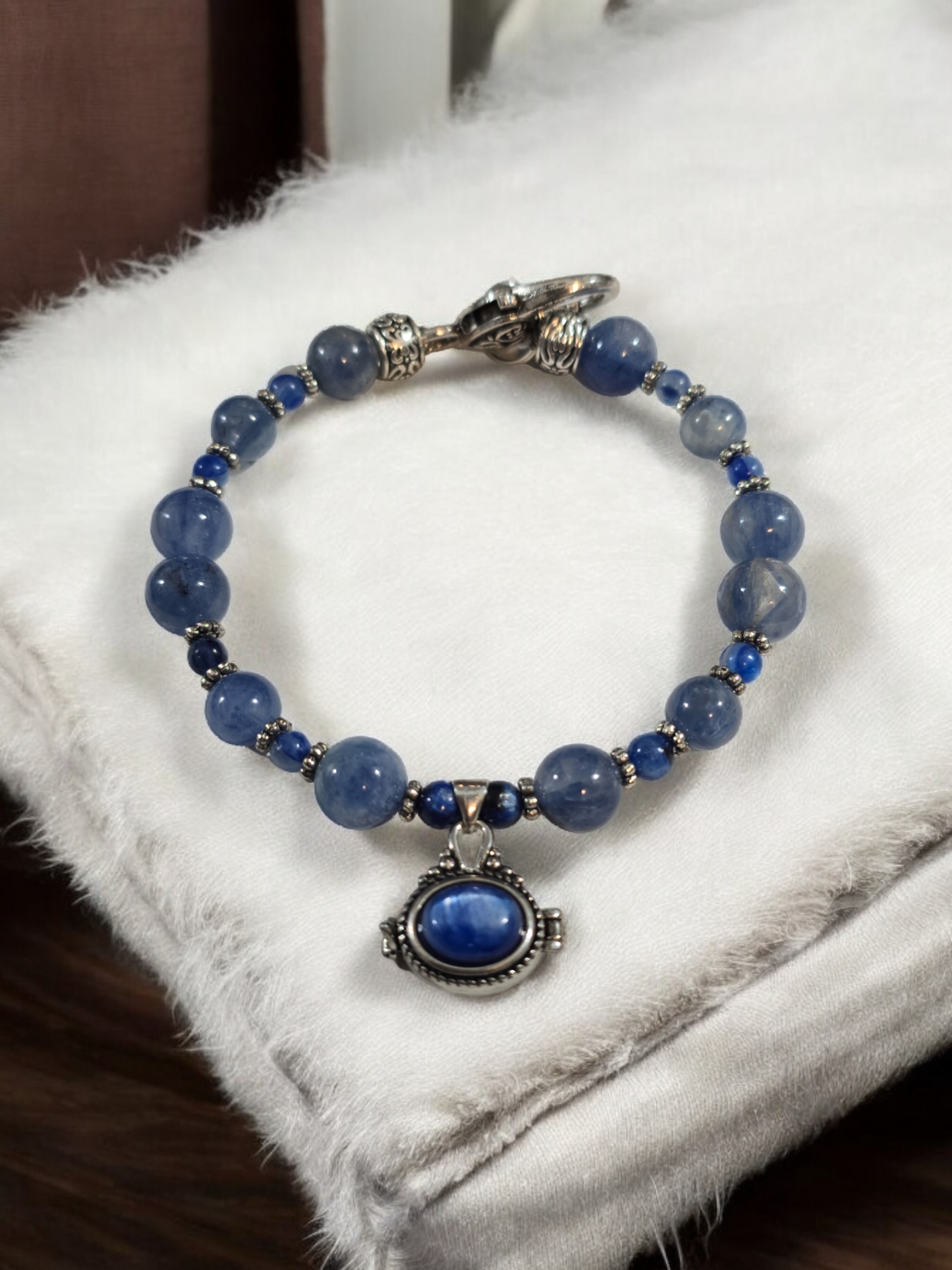 Kyanite Treasure Box Bangle Bracelet with Heart Clasp.  Fits up to size 7.5" wrist.