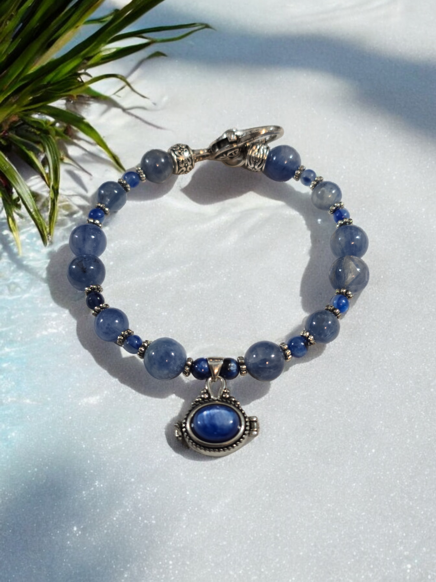 Kyanite Treasure Box Bangle Bracelet with Heart Clasp.  Fits up to size 7.5" wrist.