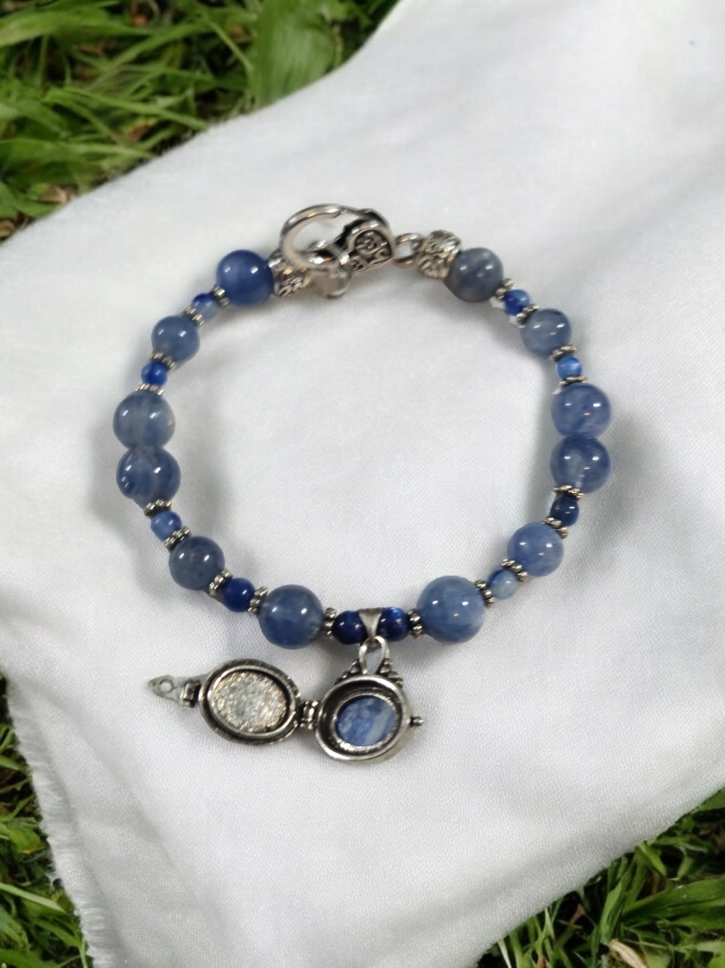 Kyanite Treasure Box Bangle Bracelet with Heart Clasp.  Fits up to size 7.5" wrist.