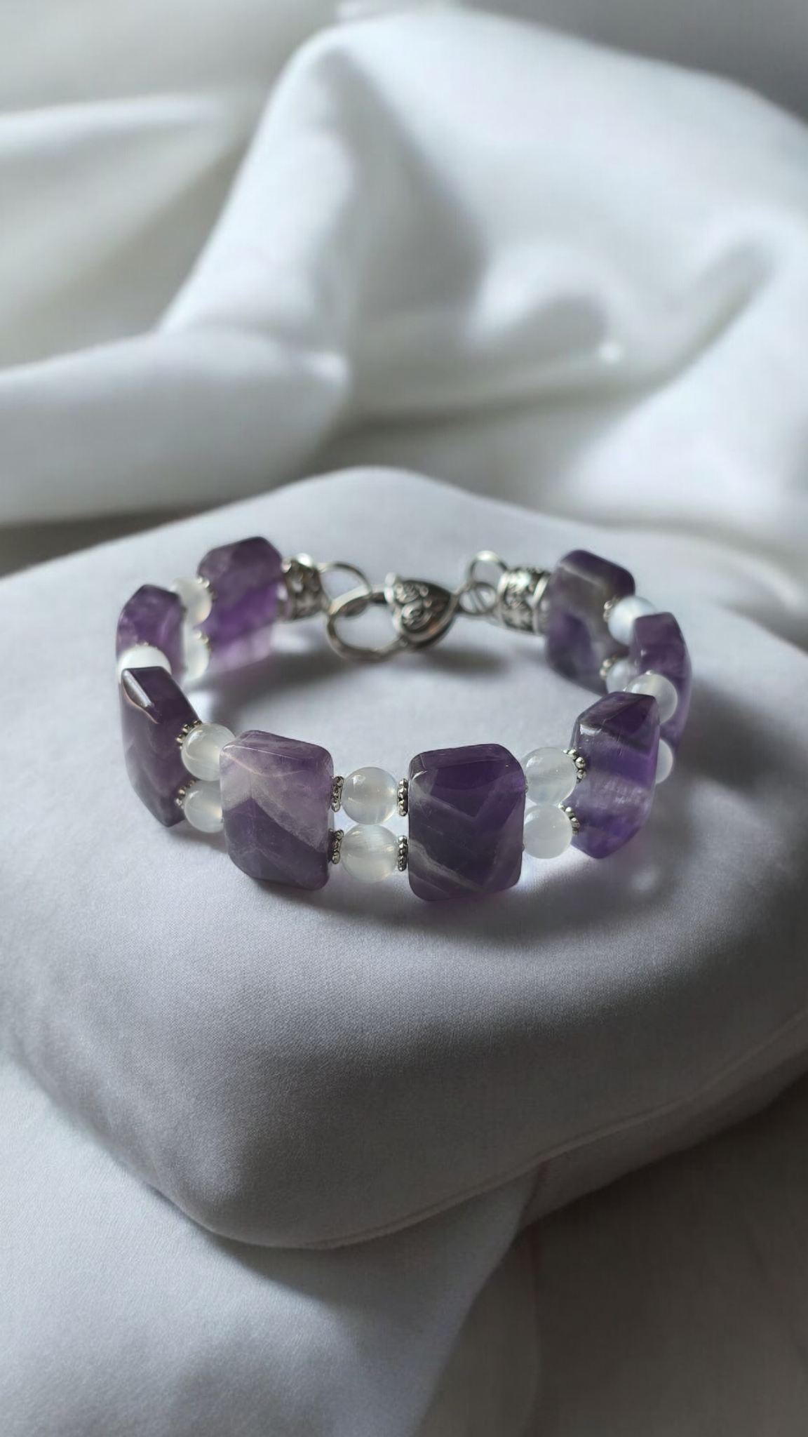 Amethyst and selenite Double Bangle Bracelet with Heart Clasp Fits Wrist Size up to 7.5"