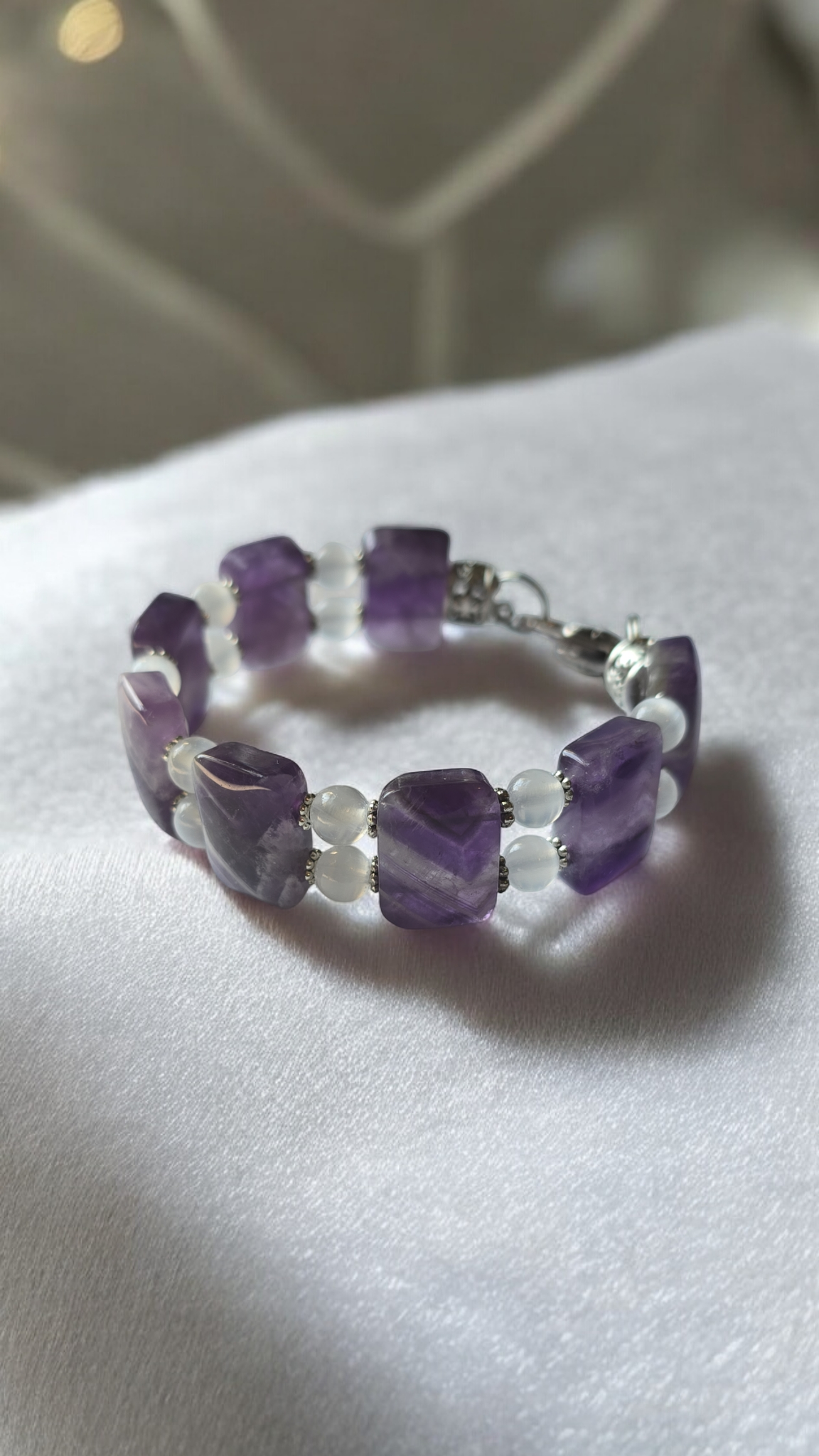 Amethyst and selenite Double Bangle Bracelet with Heart Clasp Fits Wrist Size up to 7.5"