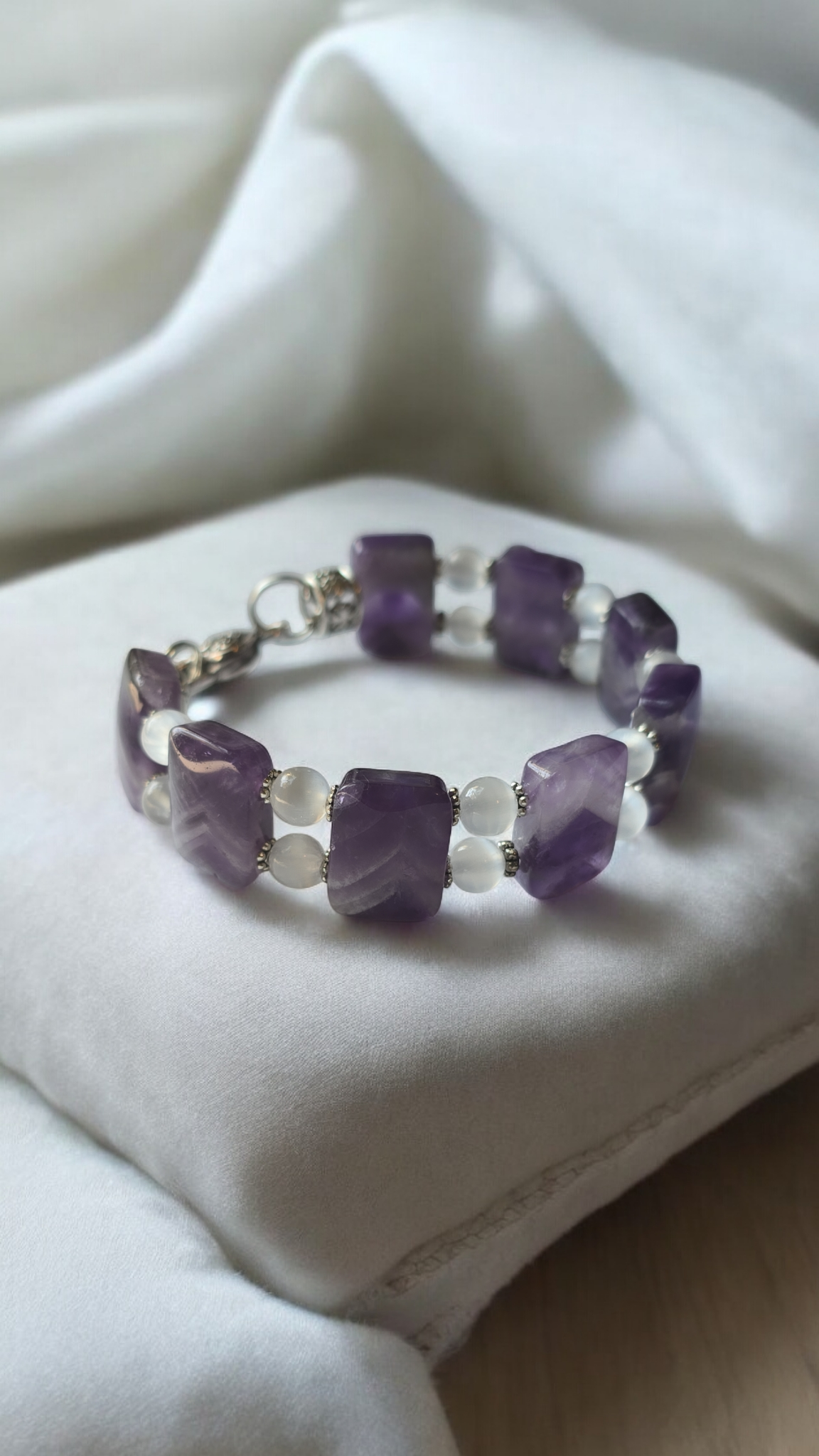 Amethyst and selenite Double Bangle Bracelet with Heart Clasp Fits Wrist Size up to 7.5"