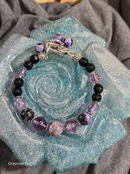 Charoite, Crackle Amethyst and Obsidian Bracelet with Heart Clasp and Beaded Extension