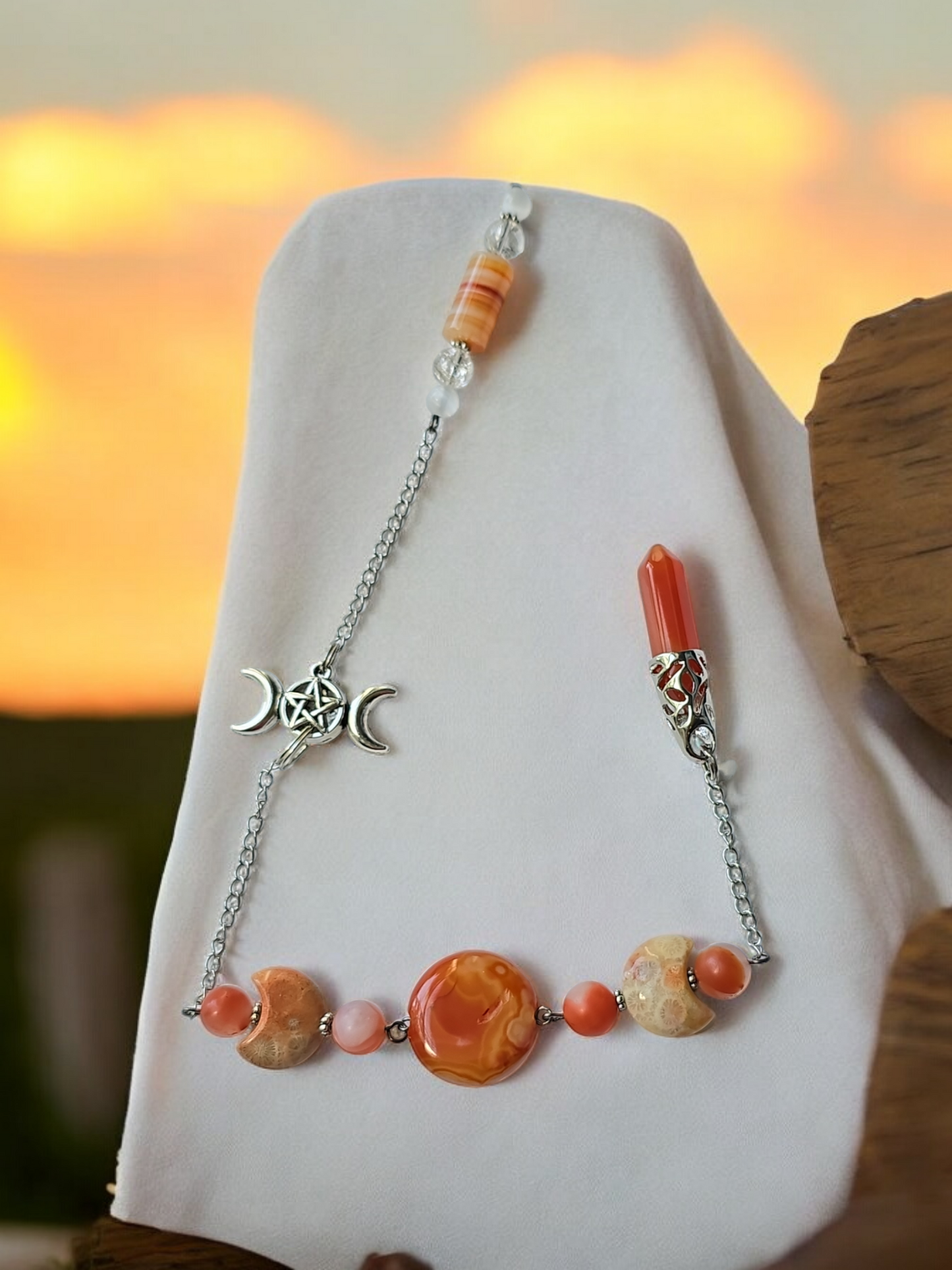 Triple Moon Themed Carnelian and Coral Jade with Clear Quartz and Selenite crystal pendulum with beaded chain.